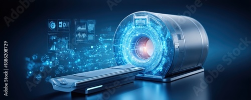 A futuristic medical imaging device with digital interface, showcasing advanced technology and data visualization for diagnostics.