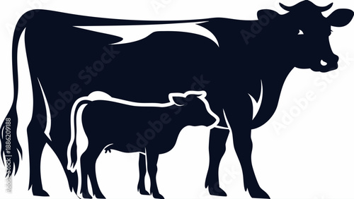 Cow and calf illustration symbolizing livestock farming and agriculture in a simple black silhouette design on white background representing dairy industry and rural life.