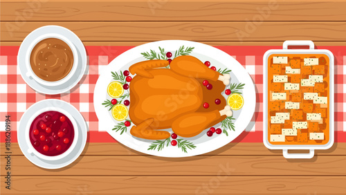 A festive wooden table features a golden roasted turkey garnished with herbs and cranberries, flanked by warm savory gravy, tart cranberry sauce, and a baking dish filled with sweet potato casserole