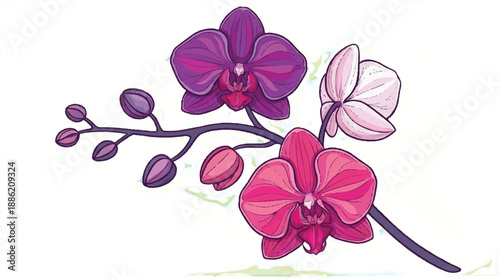 Three Orchid Flowers Branch - Elegant Botanical Vector Illustration for Decor