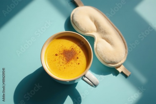 Golden Beverage and Sleep Mask on a Teal Surface A Relaxing Morning Ritual