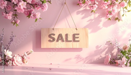 Spring sale promotion with a wooden sign on a pink background decorated with blooming cherry blossoms and lavender flowers.