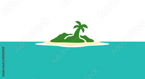 Isolated Tropical Island with Palm Tree in Ocean - Cartoon Style