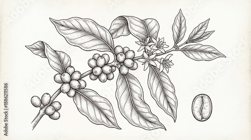 Coffee Plant Branch with Beans and Leaves Hand Drawn Illustration.