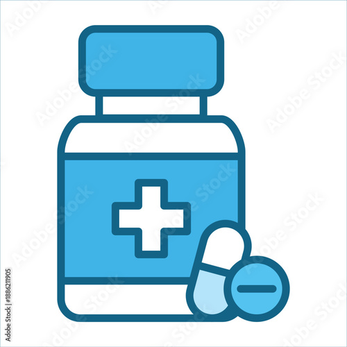 Blue medication bottle and pills for medical or pharmaceutical concepts. Suitable for healthcare, treatment, prescription, pharmacy, and medication related designs.