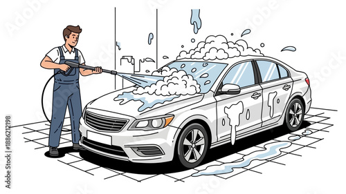 A man in blue overalls is washing a white sedan car with a high-pressure washer, creating a lot of soap suds and water runoff in a car wash bay.