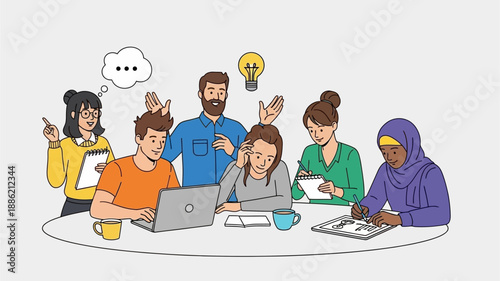 A diverse group of six people collaborating and brainstorming around a table, with one person typing on a laptop and another sketching, symbolizing teamwork and idea generation.