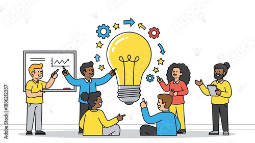 Diverse team collaborating on a new business idea, brainstorming and developing innovative solutions together.