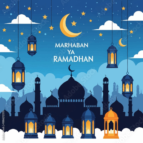 A beautiful illustration of a mosque silhouette at night with a crescent moon, stars, and hanging lanterns, celebrating Marhaban Ya Ramadhan.