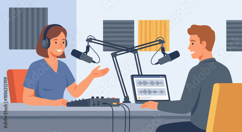 Radio DJ Interviewing Guest A flat vector illustration of a radio DJ interviewing a guest in the studio. Two microphones, headphones, and recording equipment visible. Flat vector style, conversational