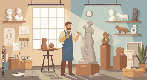 Sculptor Working in Studio A flat vector illustration of a sculptor working inside an art studio. Sculptures, tools, and shelves visible in the background.