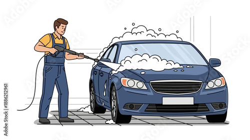 A man in overalls using a pressure washer to clean a blue car covered in soap suds.