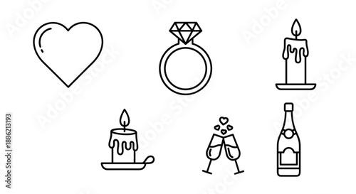 Simple black line icons for wedding and romance elements.