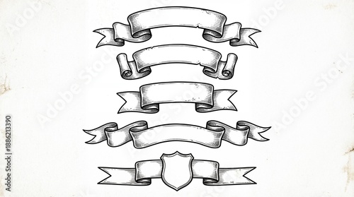Hand-drawn vintage ribbon banners and shield emblem set, elegant decorative elements for design projects.