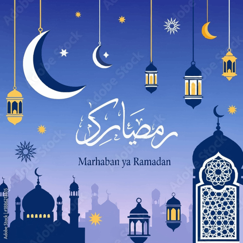 A festive blue and gold illustration celebrating Ramadan with crescent moons, hanging lanterns, and mosque silhouettes, featuring "Marhaban ya Ramadan" text.