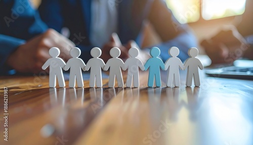 Blue person figure standing out in a line of white figures on a wooden table, symbolizing individuality and leadership in a business team.