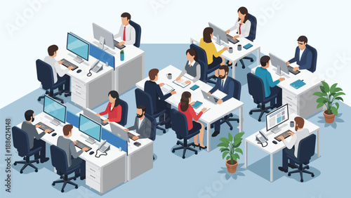 Vibrant collection of isometric illustrations showcasing business people working diligently in a dynamic office environment, at individual desks and in meetings.