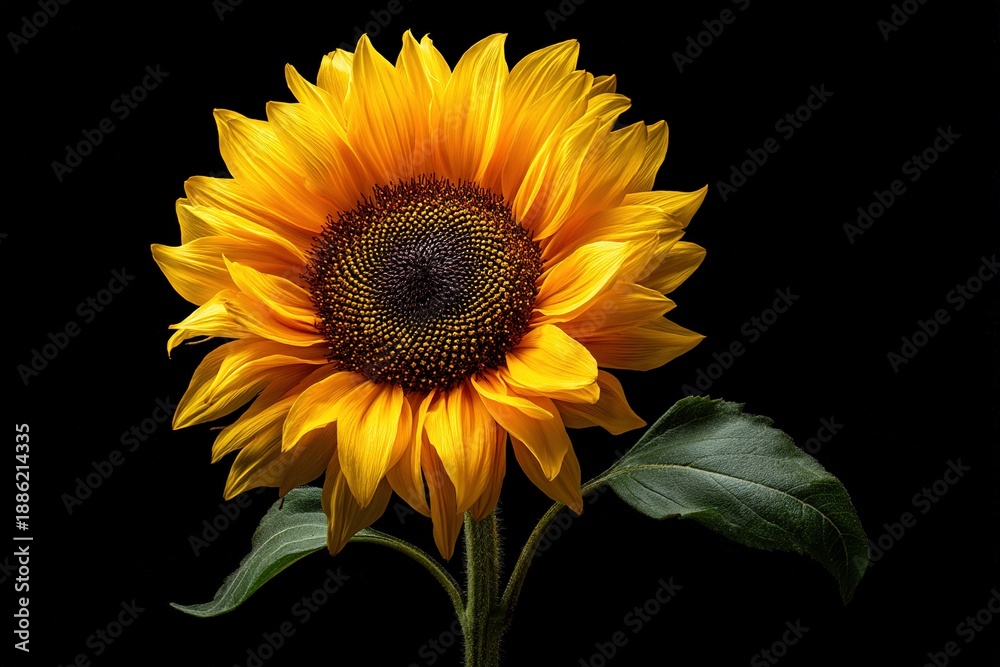 Fototapeta premium Close-up of bright yellow sunflower with detailed center isolated on black background