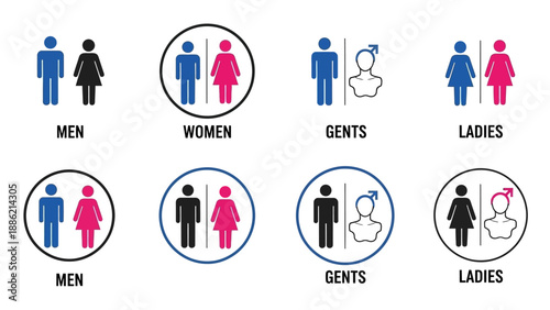 Collection of restroom signs for men and women.