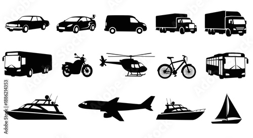 Collection of Various Transportation Vehicle Silhouettes.