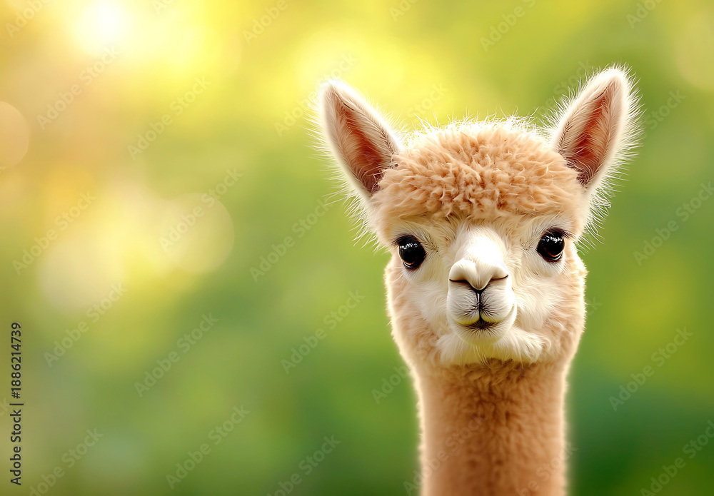 Fototapeta premium Cute alpaca with fluffy coat and expressive eyes stands against blurred green background, radiating charm and warmth