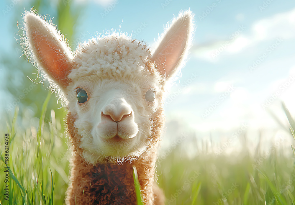 Fototapeta premium Cute alpaca with fluffy brown coat and bright eyes stands in sunlit field, radiating joy and innocence