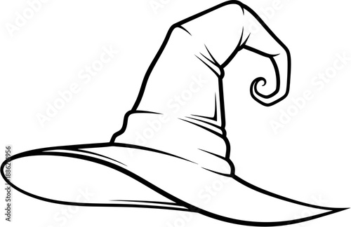 Black and white cartoon illustration of a classic witch hat with a pointed top and a curled tip, perfect for Halloween themes.