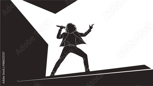 A silhouette of a rock singer performing on stage under a bright spotlight, making a rock-and-roll hand gesture.