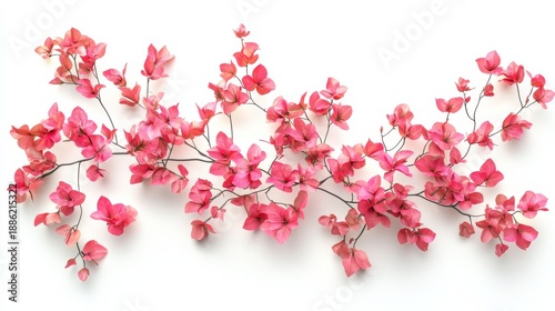 A photorealistic 3D illustration of bougainvillea plants displaying their cascading clusters of delicate flowers, each with a silky texture and gradient hues ranging from deep fuchsia to soft coral.