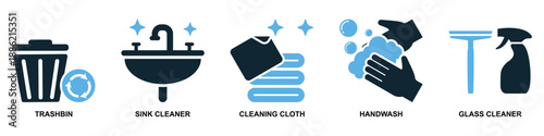 Set of cleaning icon vector for hygiene apps. Ideal for housekeeping tools, washing symbols, sanitary equipment, and domestic chore signs.