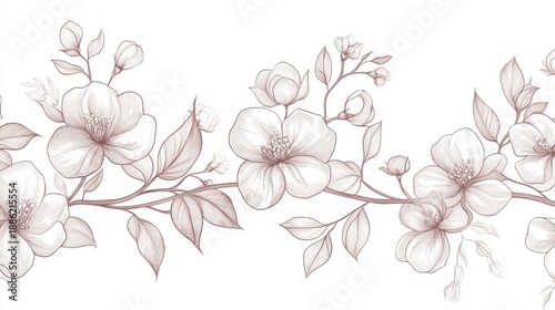 Vector illustration of an elegant floral border seamless pattern with beautifully drawn blooming branches and leaves. The line art strokes highlight a graceful combination of flowers and foliage,