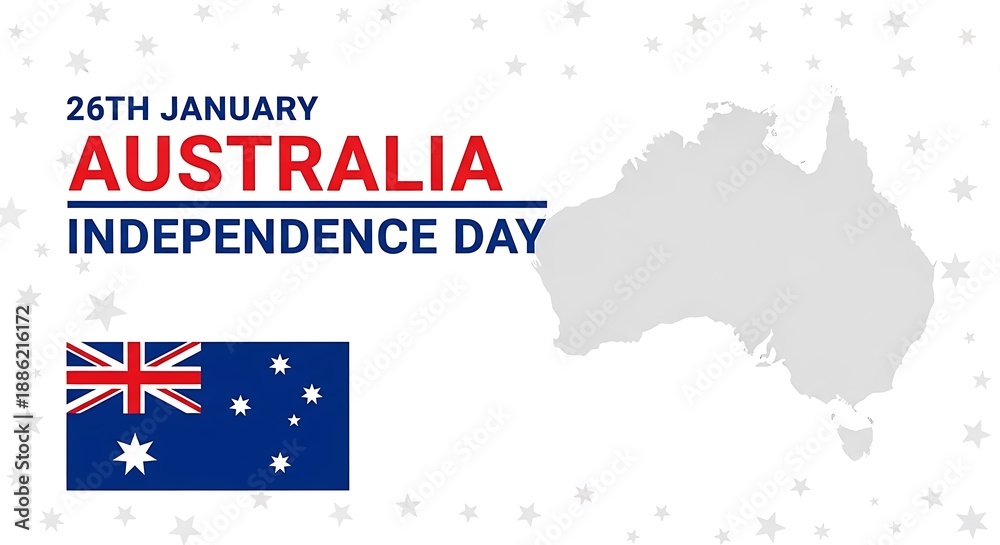 Obraz premium Commemorative graphic design celebrating australia day on 26th january featuring the national flag and map outline against a subtle background.