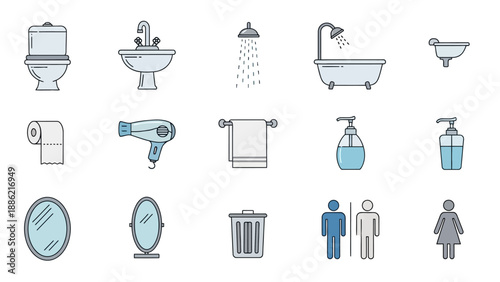 Bathroom Icons Set Toilet Sink Shower Bathtub Hairdryer Mirror.