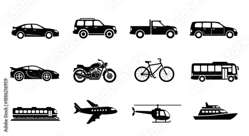 Collection of Diverse Transportation Vehicle Silhouettes.