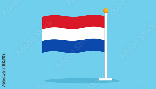 Free Download Vibrant vector illustration of the Dutch national flag proudly waving on a pole against a clear blue sky background - GFXLoad