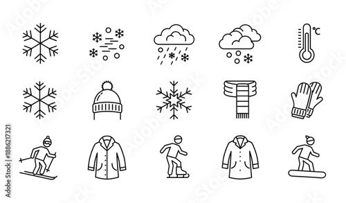 Winter outline icon set with snowflakes weather clothing and seasonal activities vector isolated on transparent background