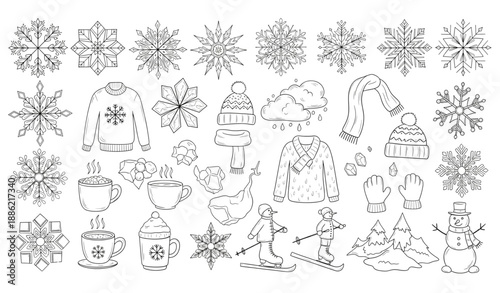 Hand drawn winter icon vector set with snowflakes weather clothing and seasonal activities isolated on transparent background