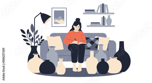 Woman surrounded by vases, sitting on a sofa, reading a book.