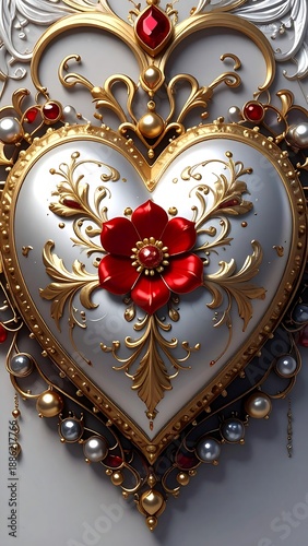 Ornate heart-shaped pendant with red flower and gold accents