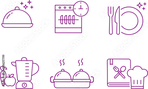 Essential kitchen activities and culinary process icons from food preparation to serving isolated on white background, Vector, illustration