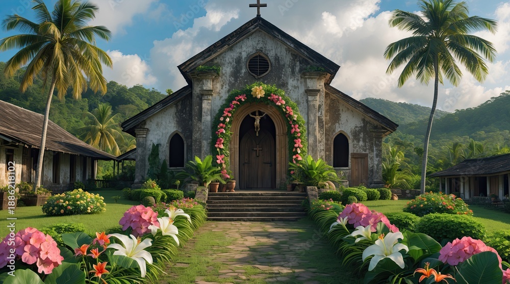 Naklejka premium Tropical Rustic Church with Lush Garden and Palm Trees