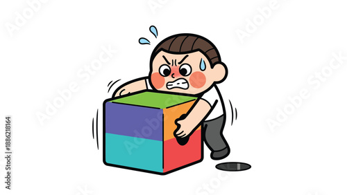 Cartoon man struggling to push heavy colorful cube, representing effort, challenge, and problem.
