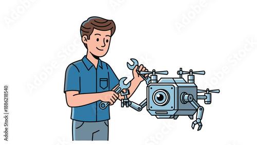 Engineer fixing a futuristic camera drone robot with wrenches. Robotics repair and maintenance concept illustration.