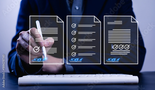 Business owners are electronically signing online contracts, complete with checklists, signifying approval, business agreements, and a paperless system.