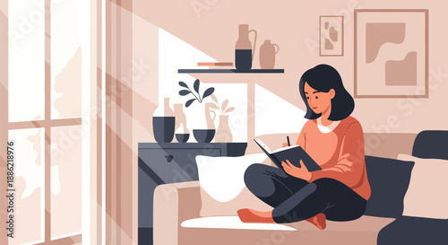 Young woman engrossed in reading a book while relaxing on a comfortable sofa.