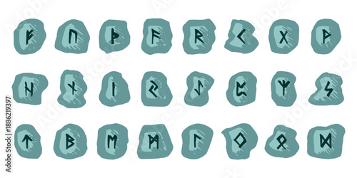 Set of hand drawn viking runes Rune stones with ancient norse alphabet characters engraved on them Scandinavian futhark germanic celtic Single element for design, print, web, decor
