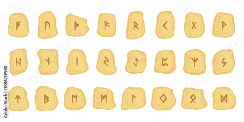 Set of hand drawn viking runes Rune stones with ancient norse alphabet characters engraved on them Scandinavian futhark germanic celtic Single element for design, print, web, decor