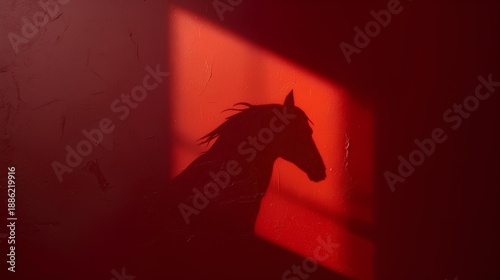 Mysterious silhouette of a wild horse emerging from deep crimson shadows, bathed in a dramatic beam of light, evoking power and grace