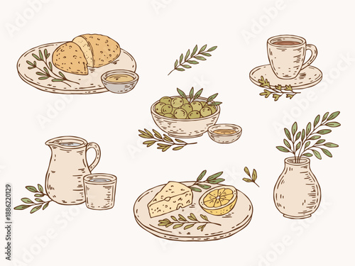 Hand-drawn vector line art of ceramic tableware and simple food in soft pastel colors. Whimsical minimal outlines with bread, olives, vase, jug, cheese, and lemon
