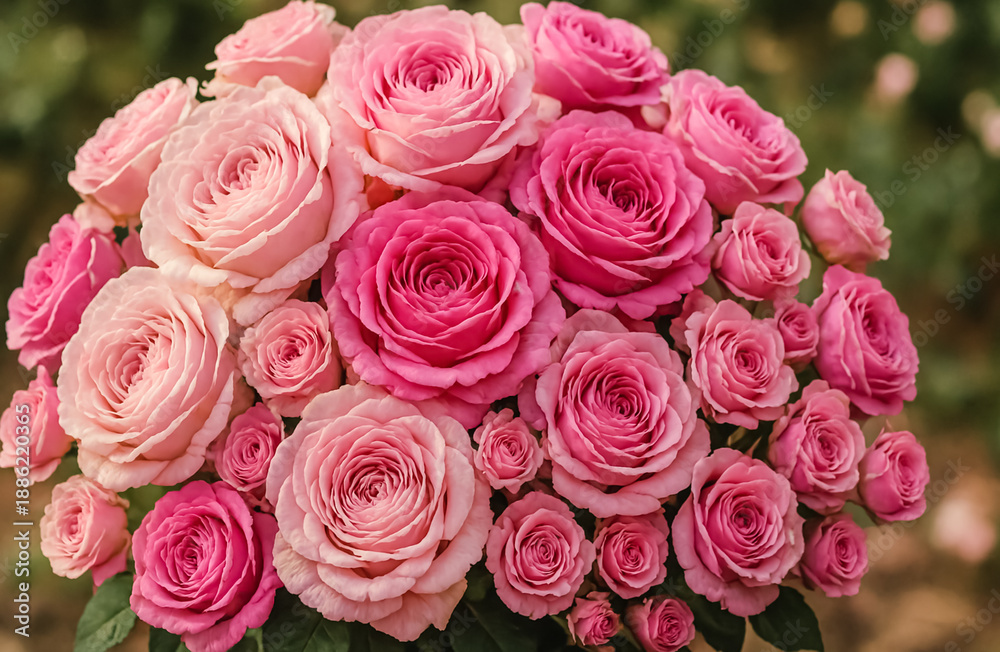 Obraz premium A bouquet of pink roses blooms in graceful layers, radiating beauty and tenderness.